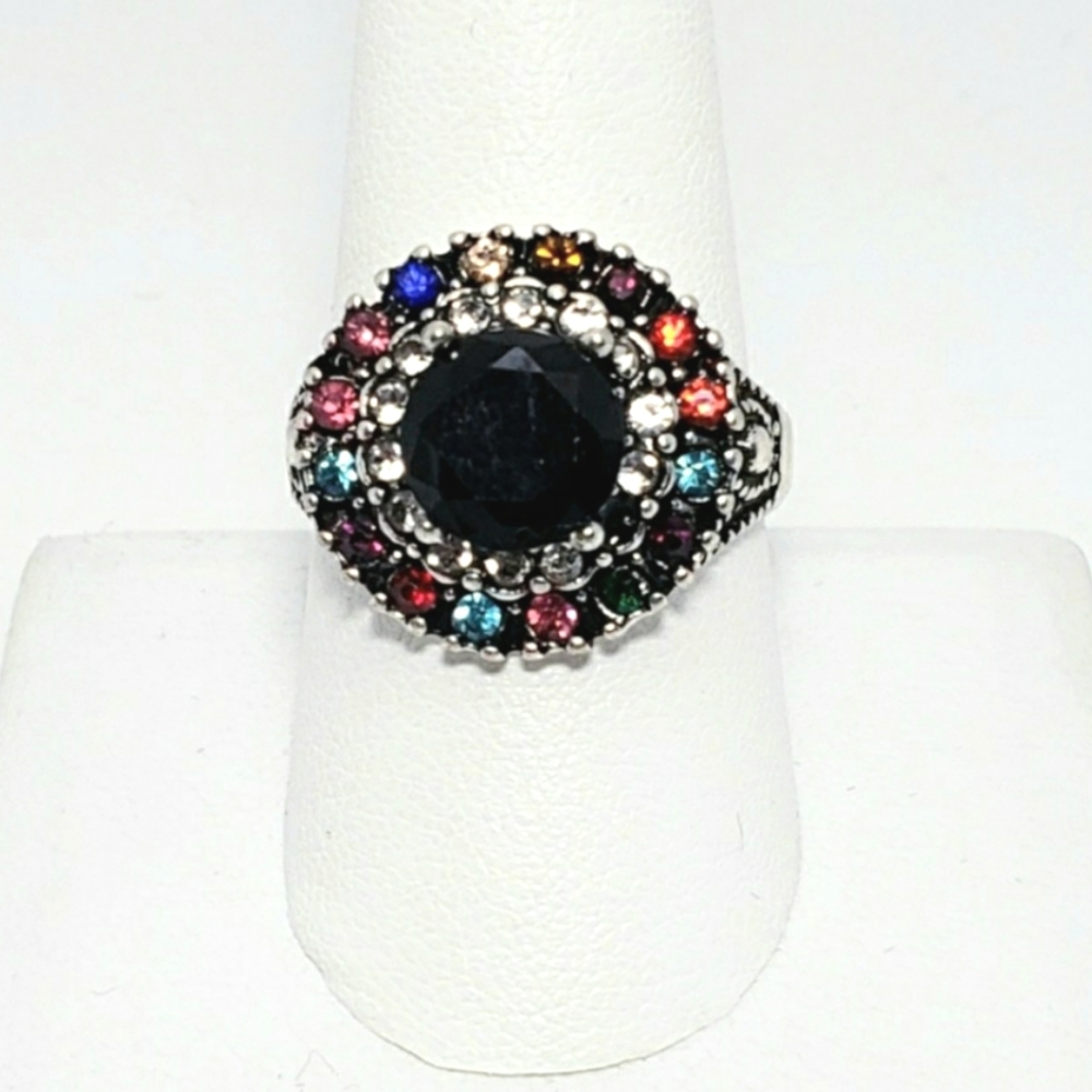 NEW Black Onyx and Rhinestones Women's Cocktail Ring